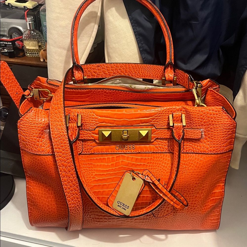 Guess Vibrant Orange Croc-Embossed Satchel